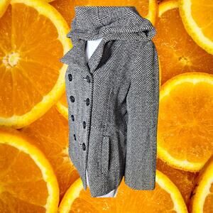 Mudd Women's Black‎ & White Herringbone Double Breasted Hooded Pea Coat Size XL